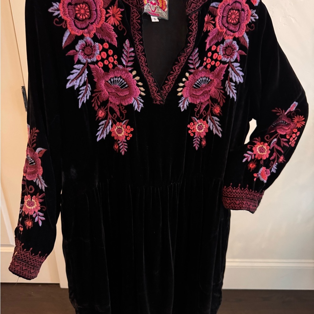 Johnny Was Black Velvet Embroidered Dress